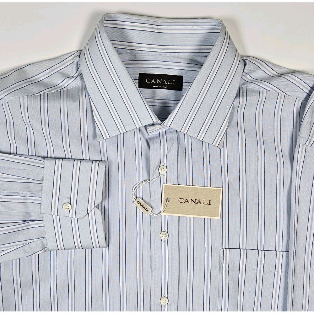 Canali Dress Shirt Button Down 43‎ 17 Blue Striped 100% Cotton NEW XL